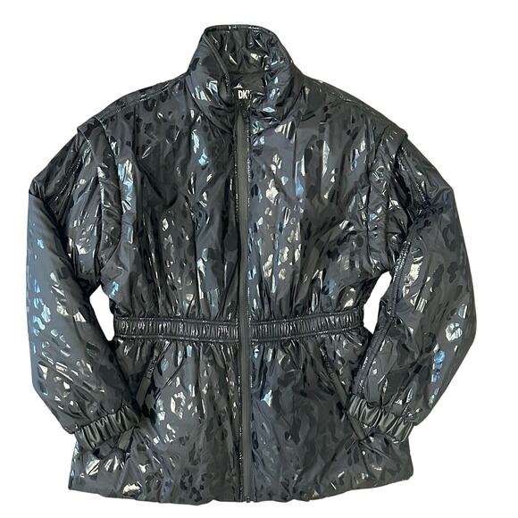DKNY Glossy Leopard Print Puffer Jacket Women’s M Black Cinched Waist - Picture 2 of 9